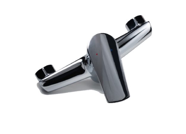 Mixer cold hot water. Modern faucet bathroom. Isolated white background. Chrome-plated metal. rutenowanie